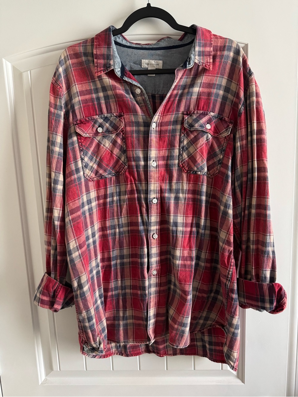 Men’s Plaid Red and Navy Button-Up Shirt. 100% Cotton. Size XL.